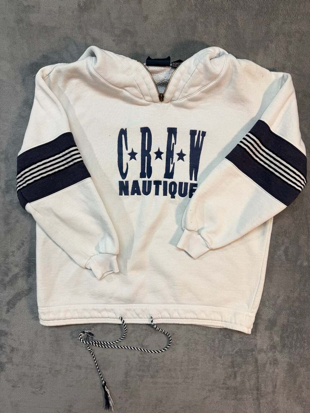 Vnt Crew Nautique Vintage Quarter Zip Hoodie White Navy Blue Stripe Sweatshirt